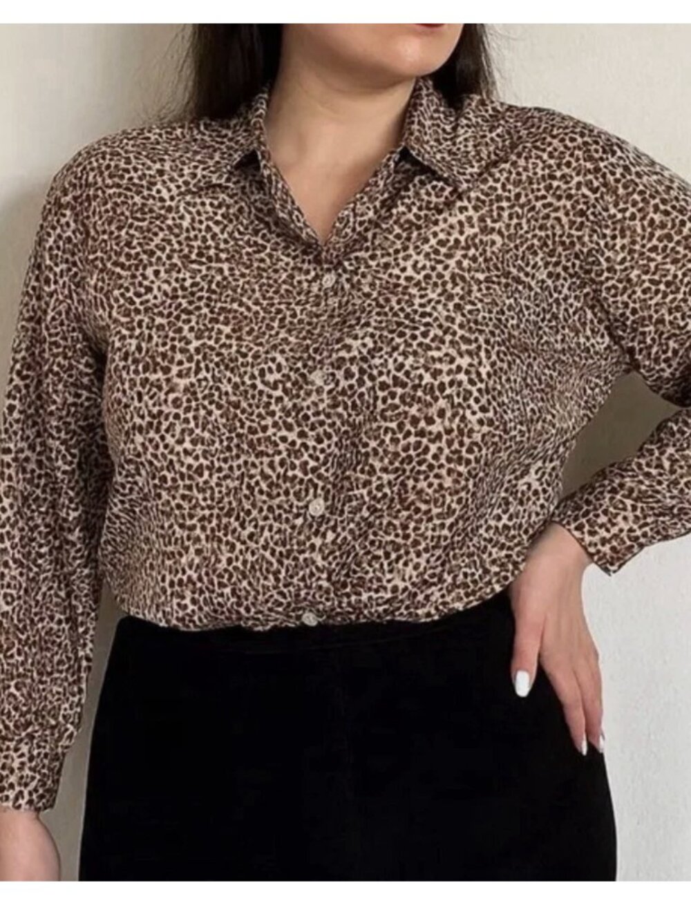 Studio A 100% Silk Brown Leopard Print Button Down Top Blouse Size L